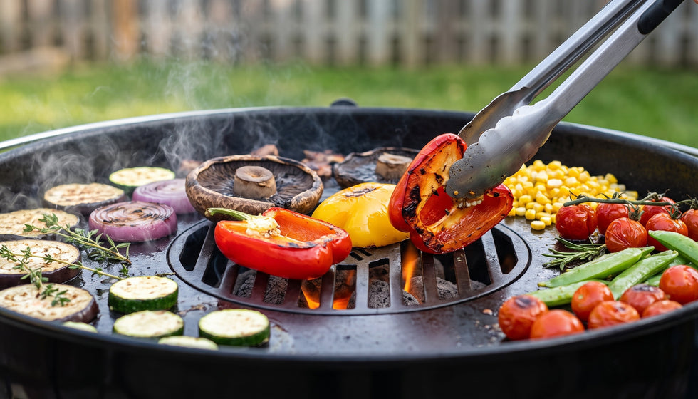 Peppers, mushrooms, eggplant, zucchini and cherry tomatoes grilling on the Arteflame griddle ring and center grate in a charcoal kettle grill